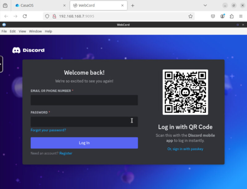 A screenshot showing the working Webcord instance running inside CasaOS.