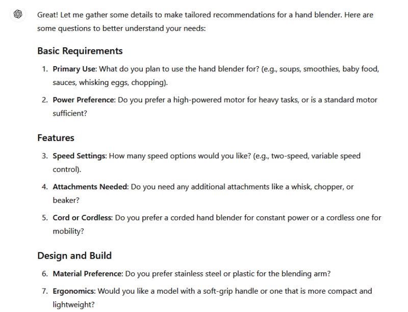 ChatGPT asking questions about a hand blender