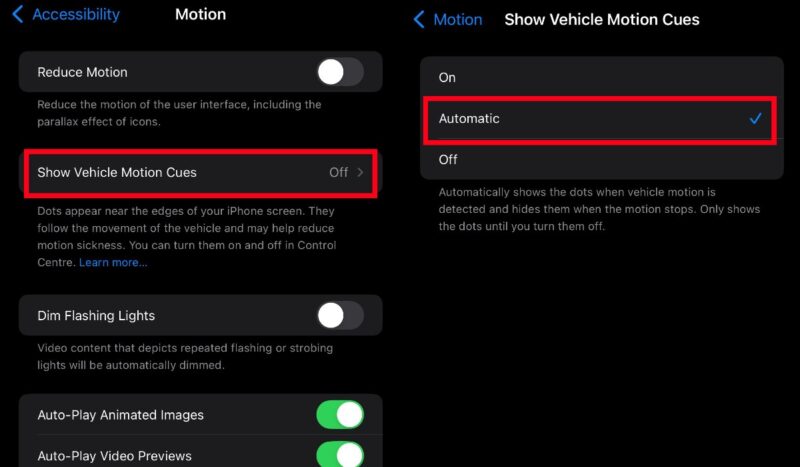 An image of two iPhone screenshots, showing the motion sickness iphone setting, vehicle motion cues.