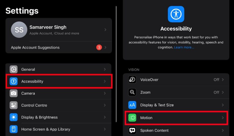 An image of two iPhone screenshots, showing the iPhone's accessibility settings and the motion settings inside it. 
