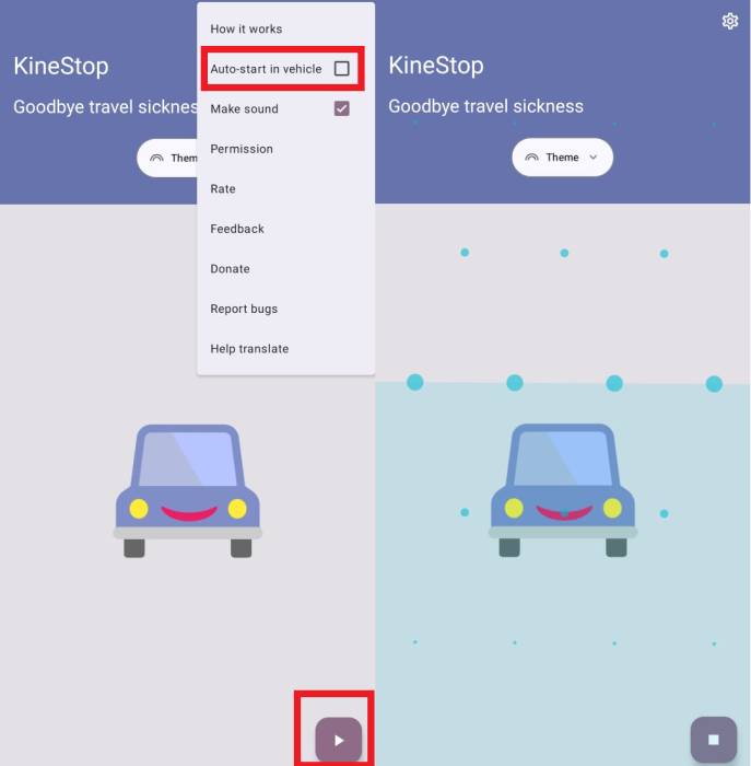 An image of screenshots from the Android operating system, running the Kniestop app which makes moving dots appear on screen to tackle motion sickness while operating phones in vehicles.