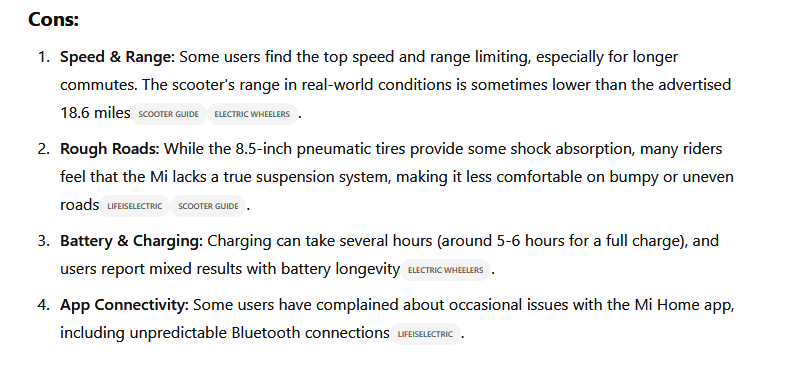 ChatGPT listing cons of Mi Scooter