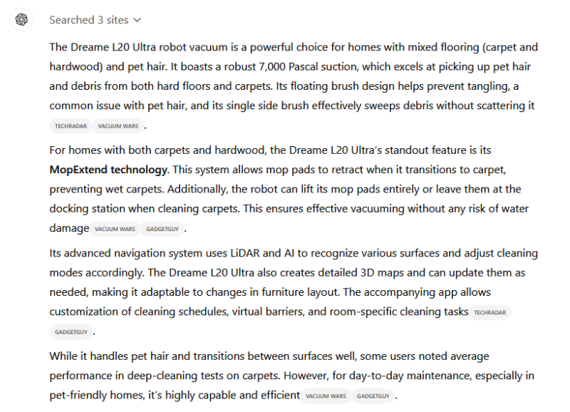 ChatGPT telling power of Dreame L20 Ultra