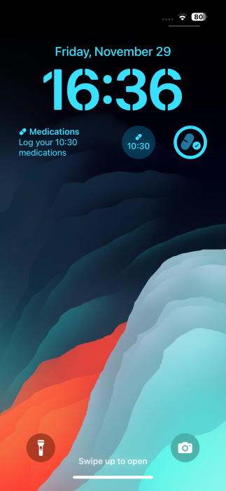 Health app and Medisafe widgets visible on iPhone lock screen.