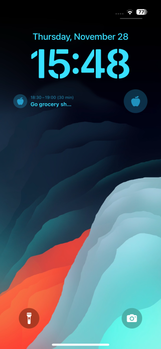 Structured app widgets visible on iPhone lock screen.