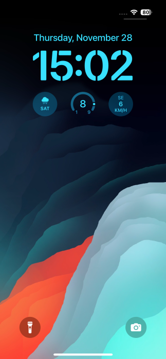 Weather app widgets visible on iPhone lock screen.