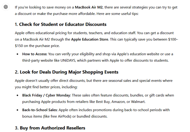 ChatGPT giving discount tips to buy Macbook cheaper