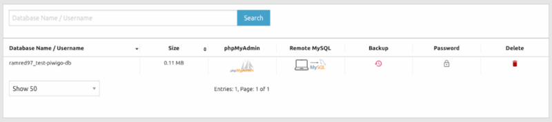 A screenshot showing the MySQL database details for the Piwigo on a shared webhost.