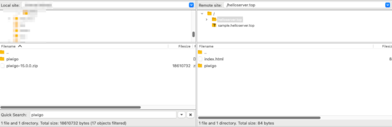 A screenshot showing an FTP client and the transfer of Piwigo files to the remote webhost.