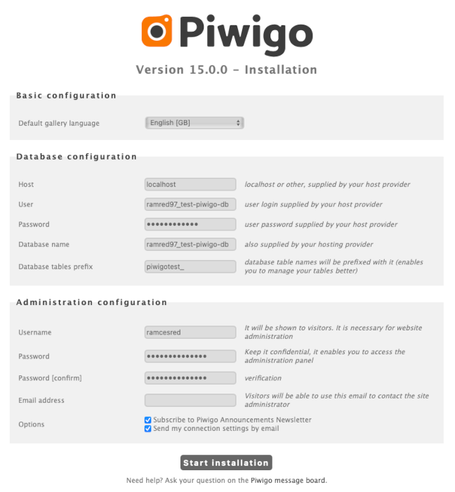 A screenshot showing the Piwigo setup screen.