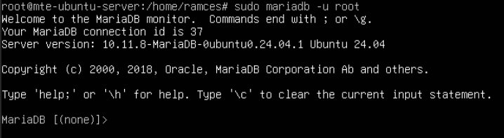 A terminal showing the MariaDB console for the Ubuntu Piwigo VPS.