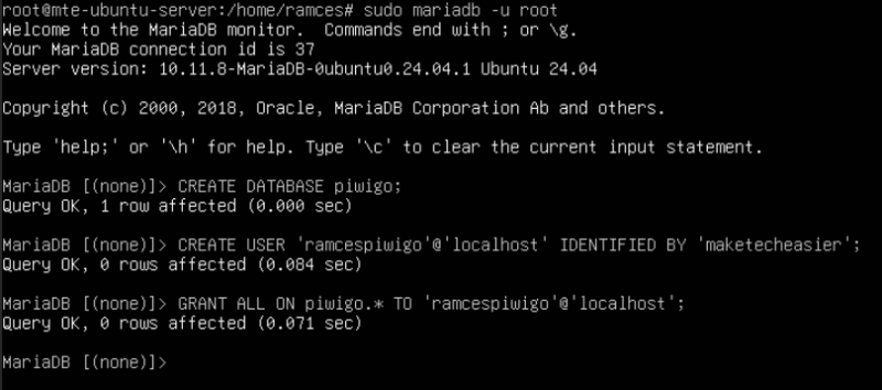 A terminal showing the process of creating a blank database and a new user for Piwigo.