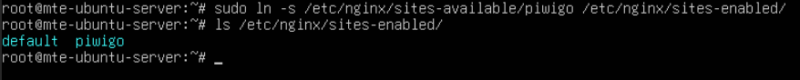 A terminal showing process of creating a symbolic link for the Piwigo site config.