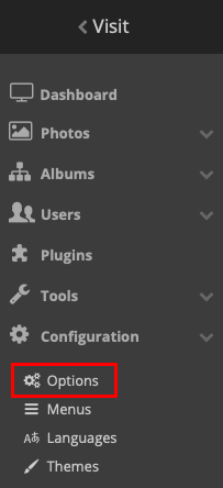 A screenshot highlighting the "Options" menu in the Piwigo admin page.