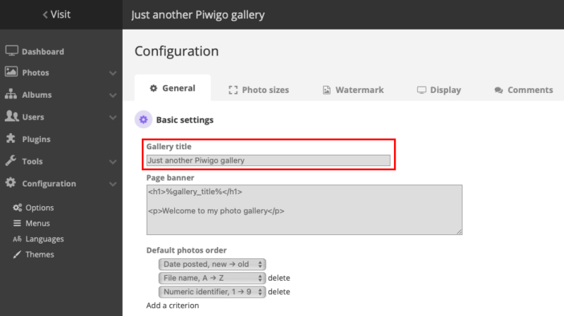 A screenshot highlighting the location of the Gallery name for the Piwigo instance.