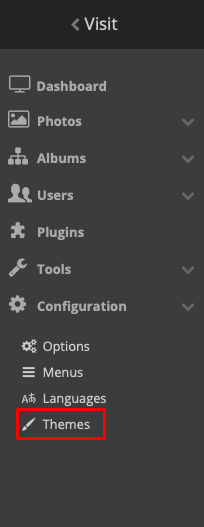 A screenshot highlighting the location of the "Themes" menu item in the Piwigo admin page.