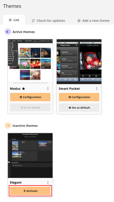 A screenshot highlighting the "Activate" button on an inactive theme.