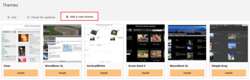 A screenshot showing the different themes available in Piwigo.