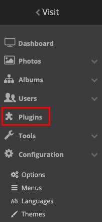 A screenshot showing the location of the "Plugins" menu option in the Piwigo admin screen.