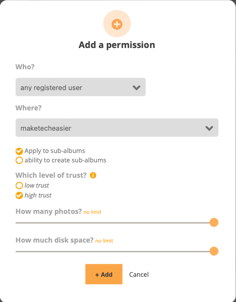 A screenshot showing the permissions window for the Community plugin.