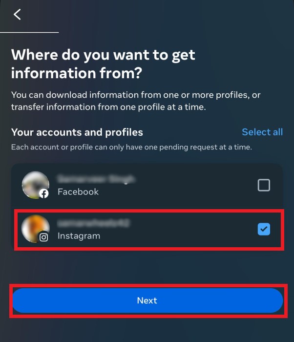 Meta Accounts Center, showing the user their Meta Accounts so they can choose which account they wish to download their pending follow requests information from.