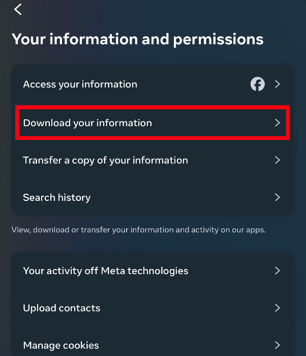Meta Accounts Center's information and permissions screens. It highlights the option for the user to downnoad their information. 