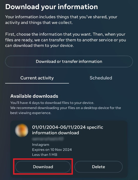 Meta Accounts Center, showing a user's information about pending follow requests on Instagram ready for download.