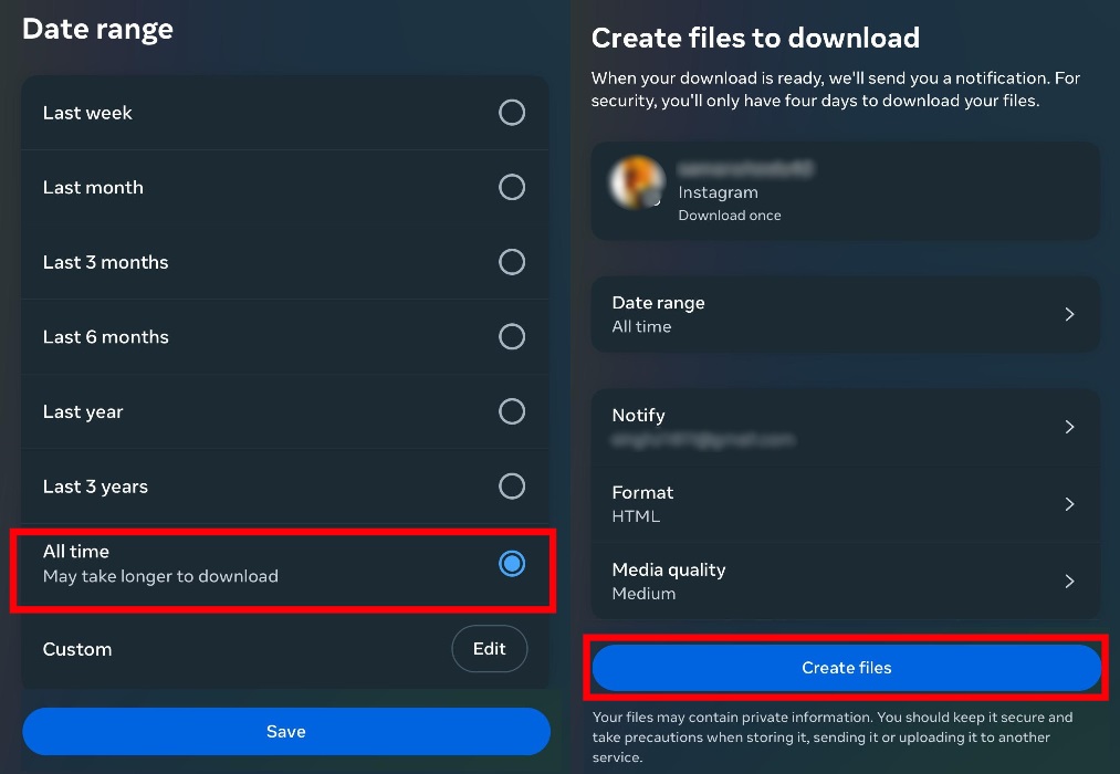2 screenshots- the first shows the date range options to check your pending follow requests on Instagram, and the second shows the user creating the requested files to peruse later.