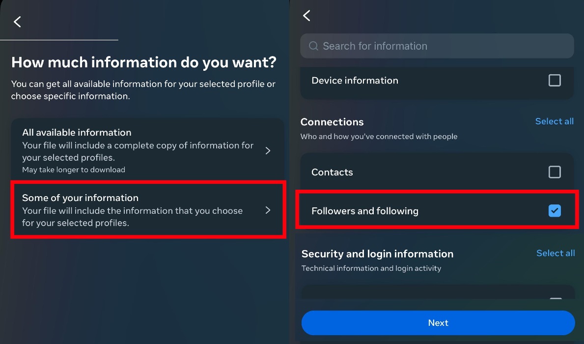 Two screenshots from the Meta Account Center, where the user selects how much information they wish to download, and which parts.