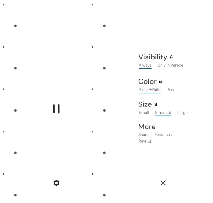 An image of two screenshots of the MotionEase app on Android. showing virtual animated motion cues on the screen and the other options users can buy in the app.