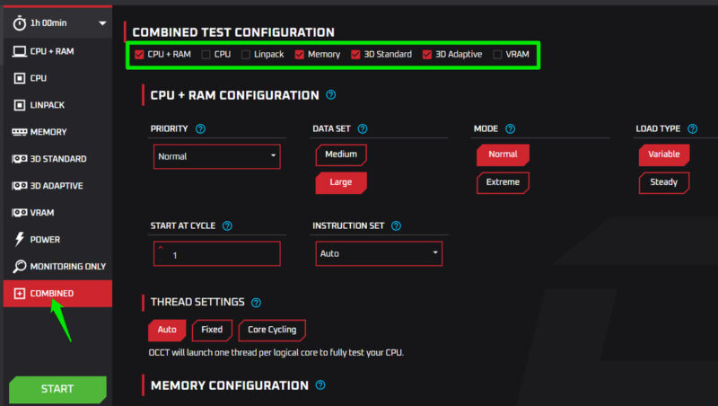 All OCCT test settings under combined test