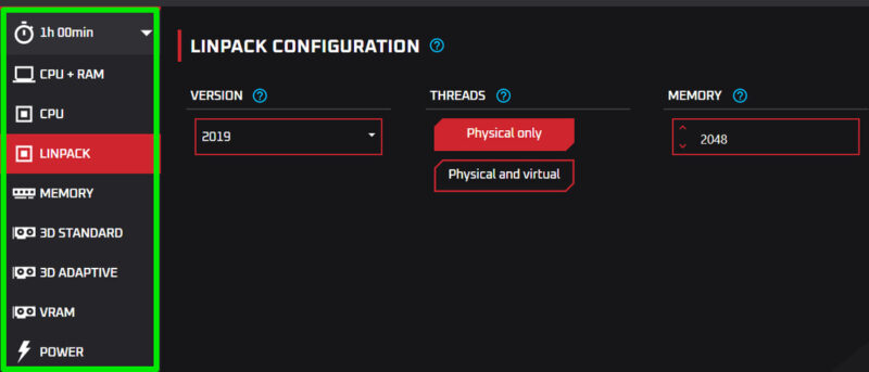 List Of Tools in OCCT with Linpack selected