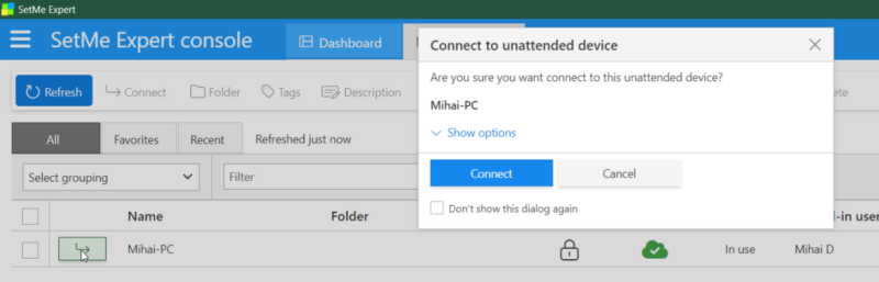 Connecting to unattended device via SetMe expert console on Windows PC.