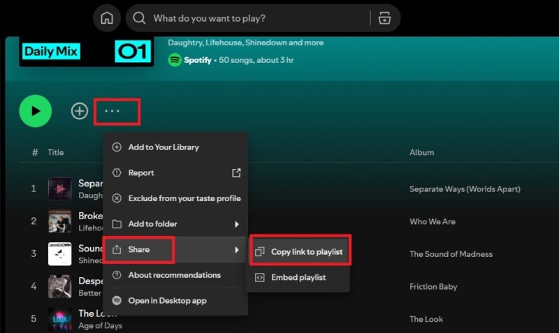 Copying the link of a playlist in Spotify.