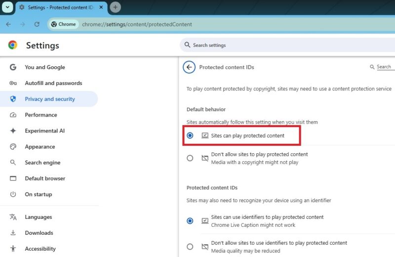 Enabling protected content in Chrome.
