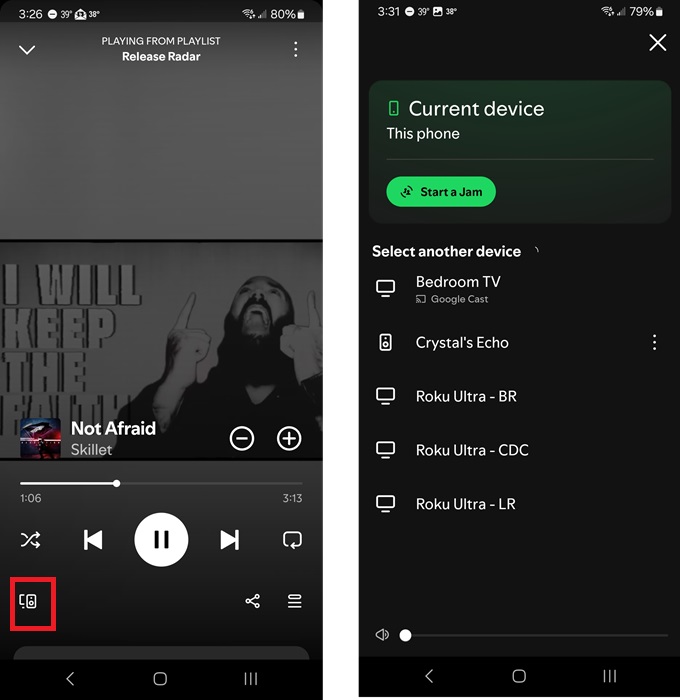 Switching to another device in Spotify.