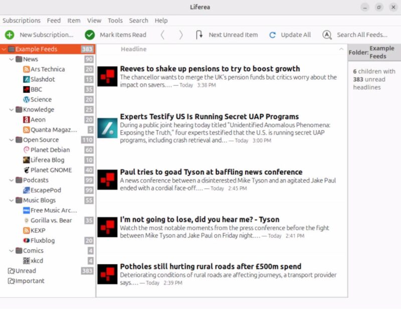 A screenshot showing the default landing screen for Liferea.