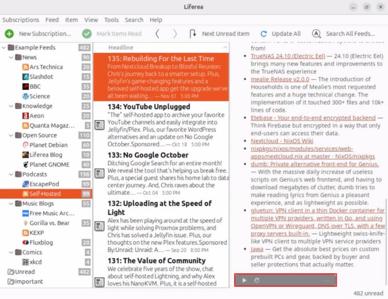 A screenshot highlighting the podcast player area inside Liferea.