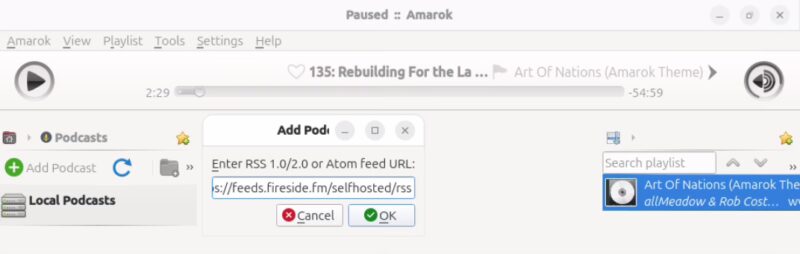 A screenshot showing the process of adding a new podcast feed to Amarok.