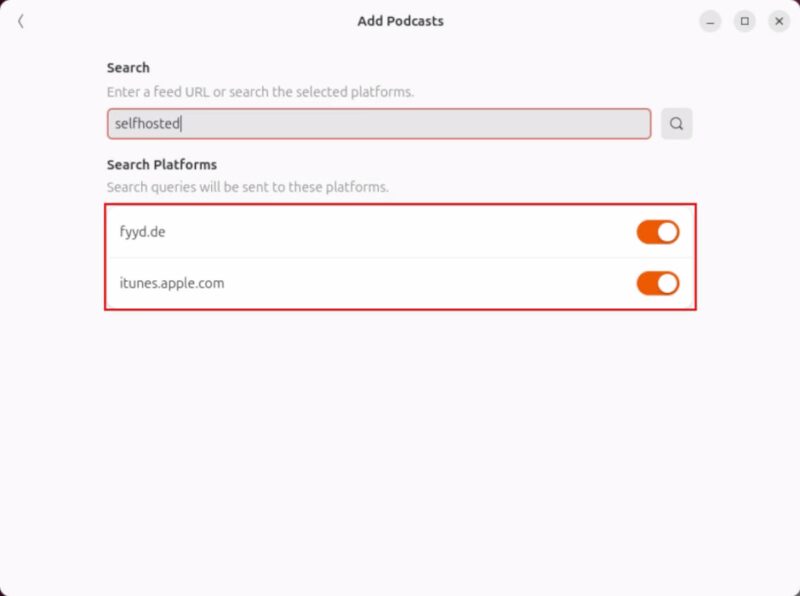 A screenshot showing the toggles for the program's podcast search tool.