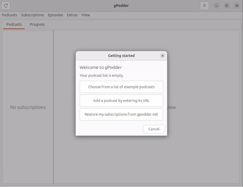 A screenshot showing gPodder running for the first time.