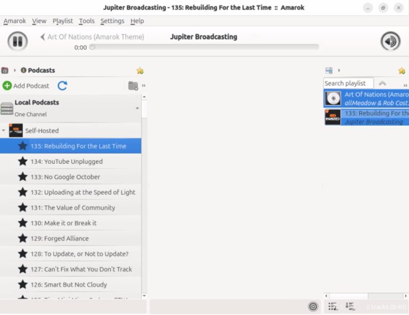A screenshot showing Amarok loading its podcast feeds correctly.