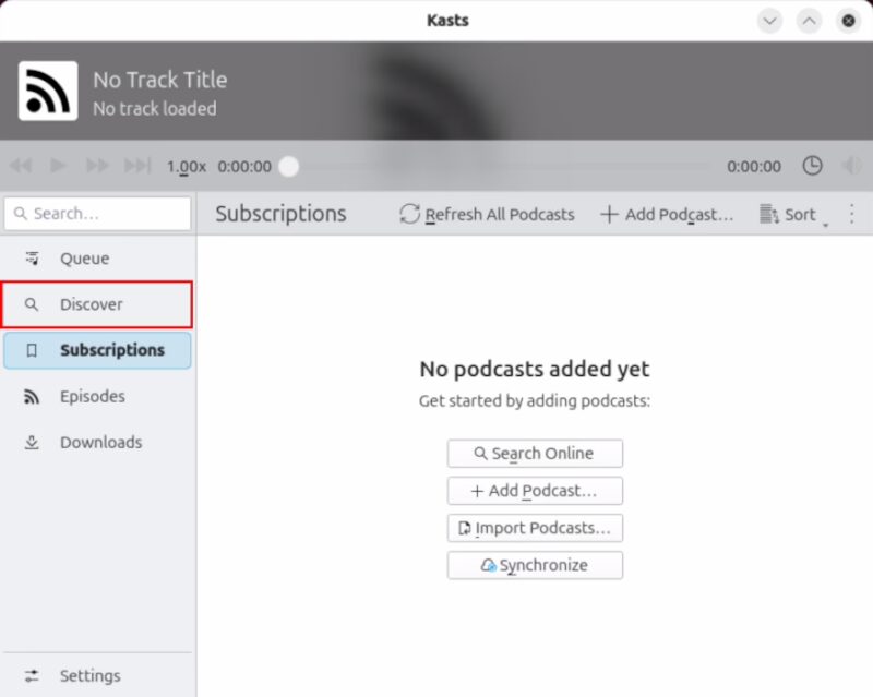 A screenshot highlighting the "Discover" category in the Kasts program.