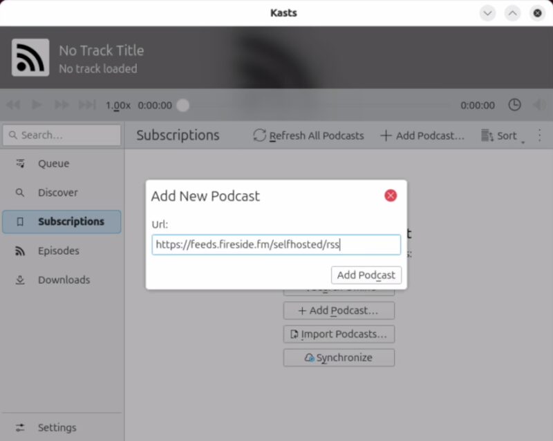 A screenshot showing the process of manually adding a podcast feed in Kasts.