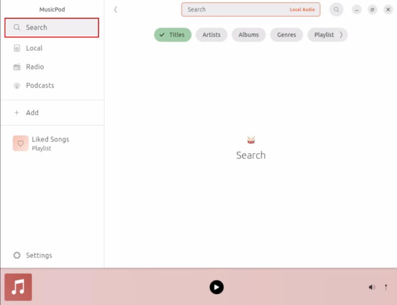 A screenshot highlighting the "Search" category inside MusicPod.