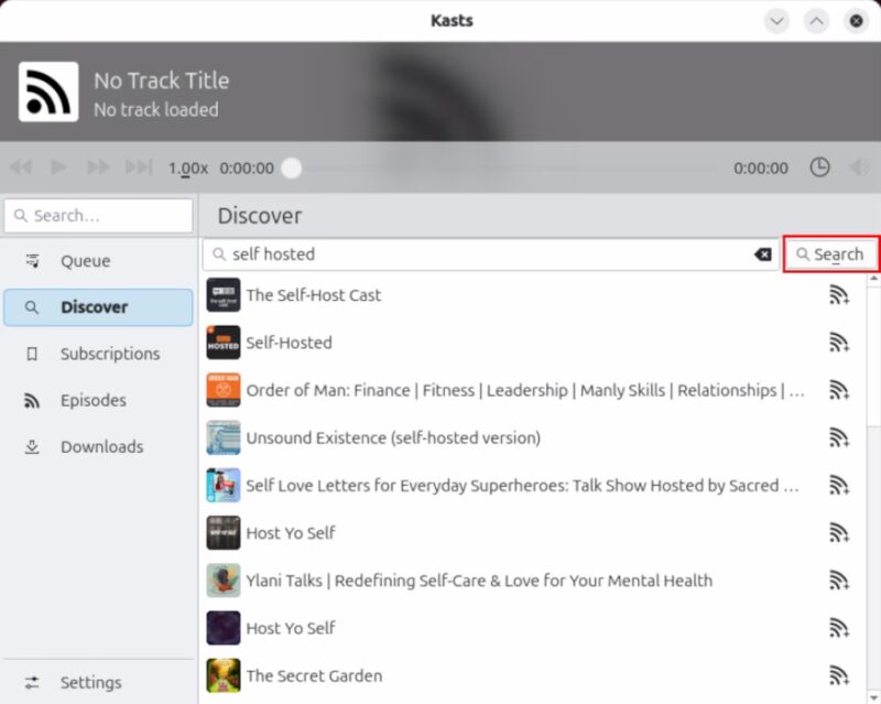 A screenshot highlighting the "Search" button while searching for a new podcast to add to the Kasts client.