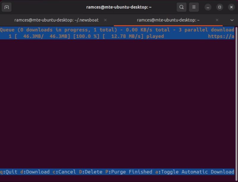 A terminal showing Podboat downloading a podcast episode.