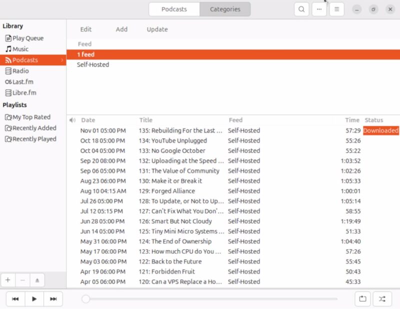 A screenshot showing a podcast feed loading properly inside Rhythmbox.