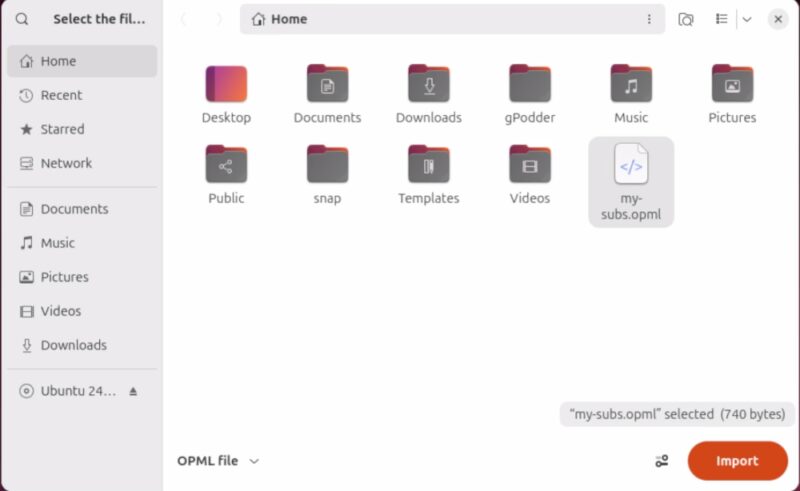 A screenshot showing the file picker window for selecting OPML files in GNOME Podcasts.