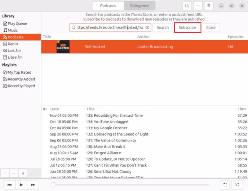A screenshot showing the process of subscribing to a new podcast feed in Rhythmbox.